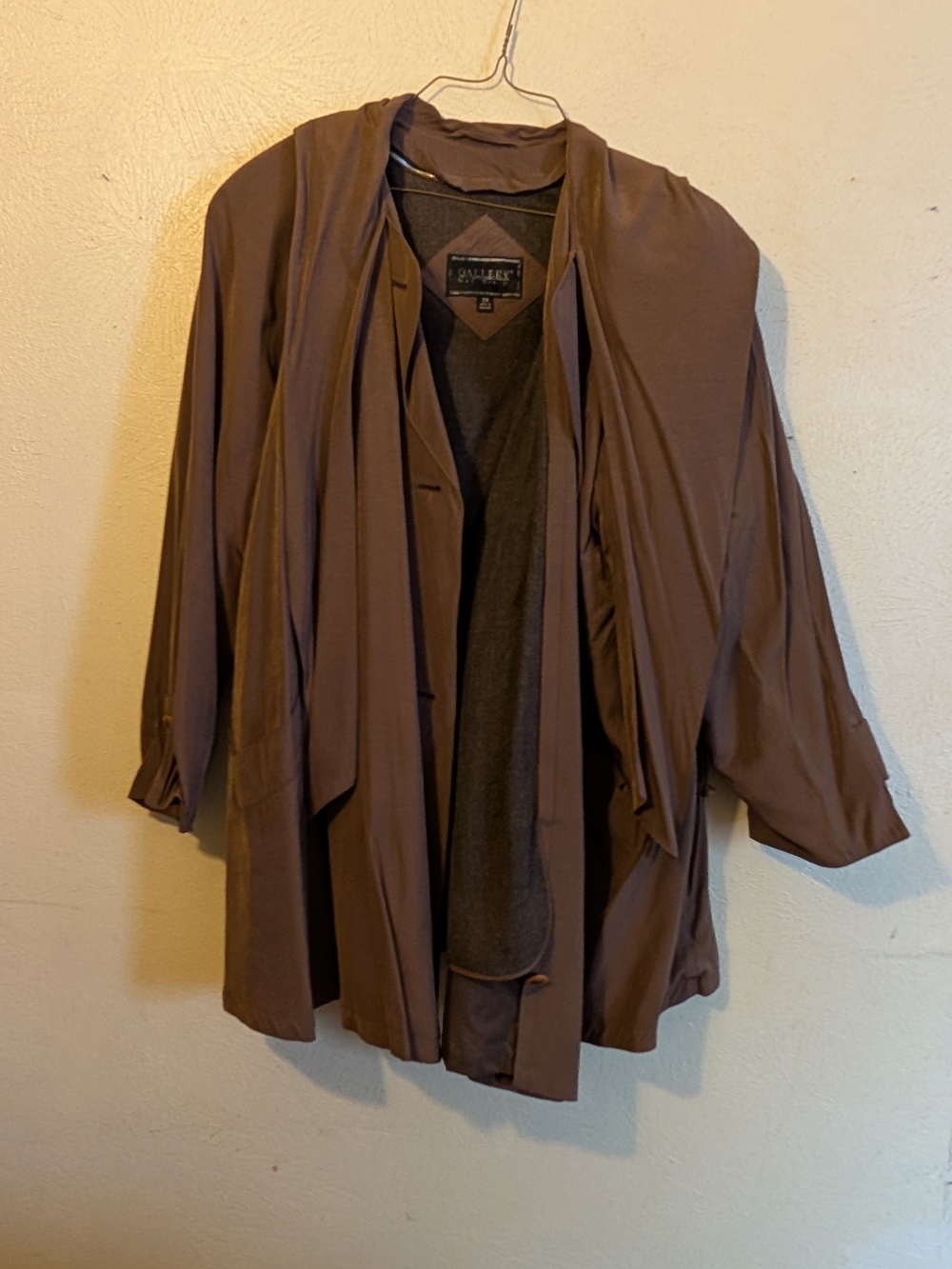 Gallery Womens Brown Open-Front Draped Jacket 2X Removable Liner